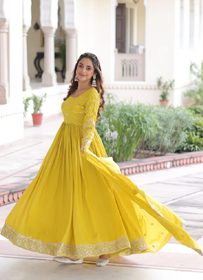 Sequence Work Vichitra Silk Haldi Wear Yellow Anarkali Long Gown - Image 10