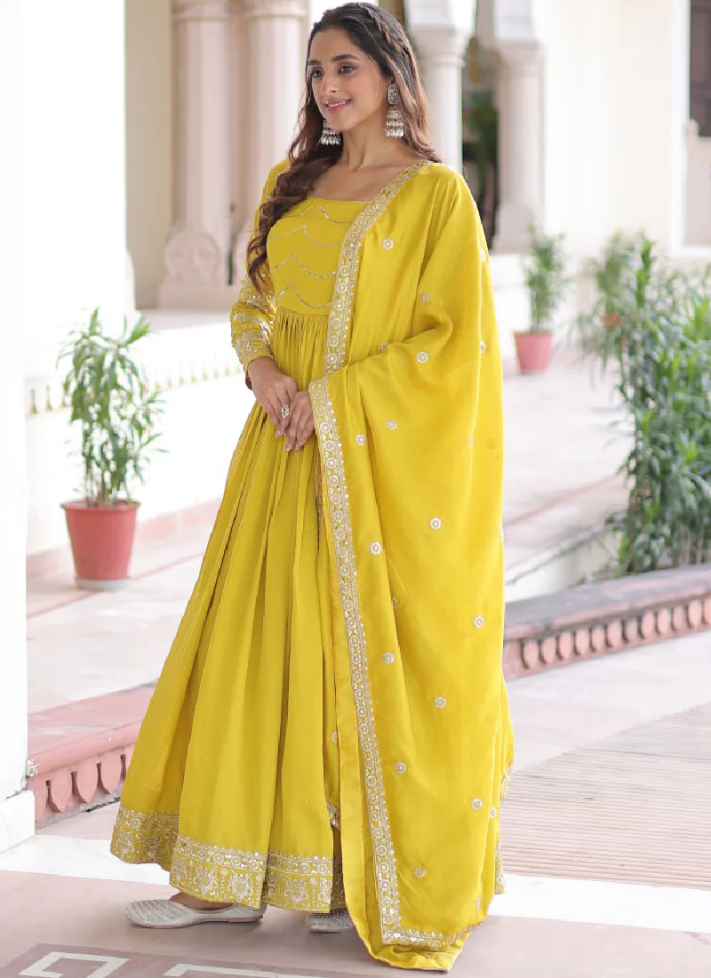 Sequence Work Vichitra Silk Haldi Wear Yellow Anarkali Long Gown - Image 3