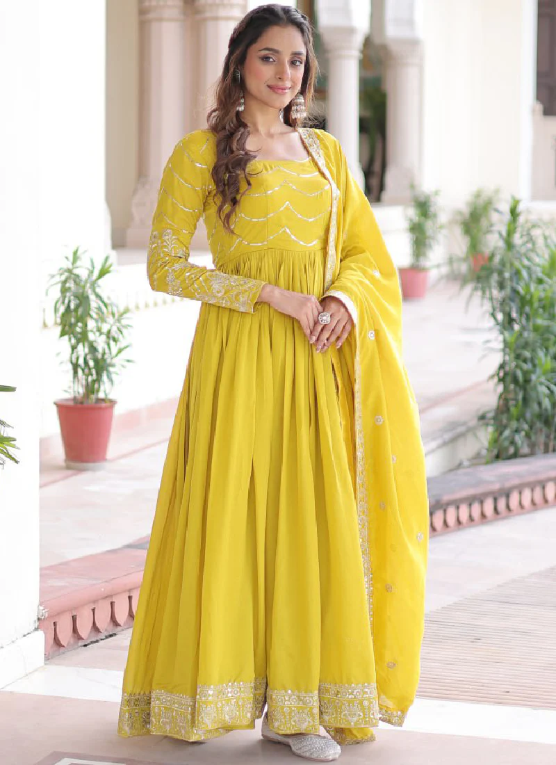Sequence Work Vichitra Silk Haldi Wear Yellow Anarkali Long Gown - Image 4