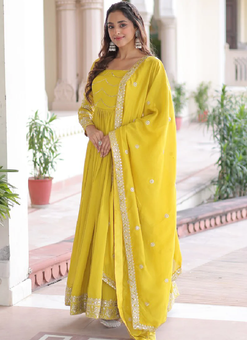 Sequence Work Vichitra Silk Haldi Wear Yellow Anarkali Long Gown - Image 5