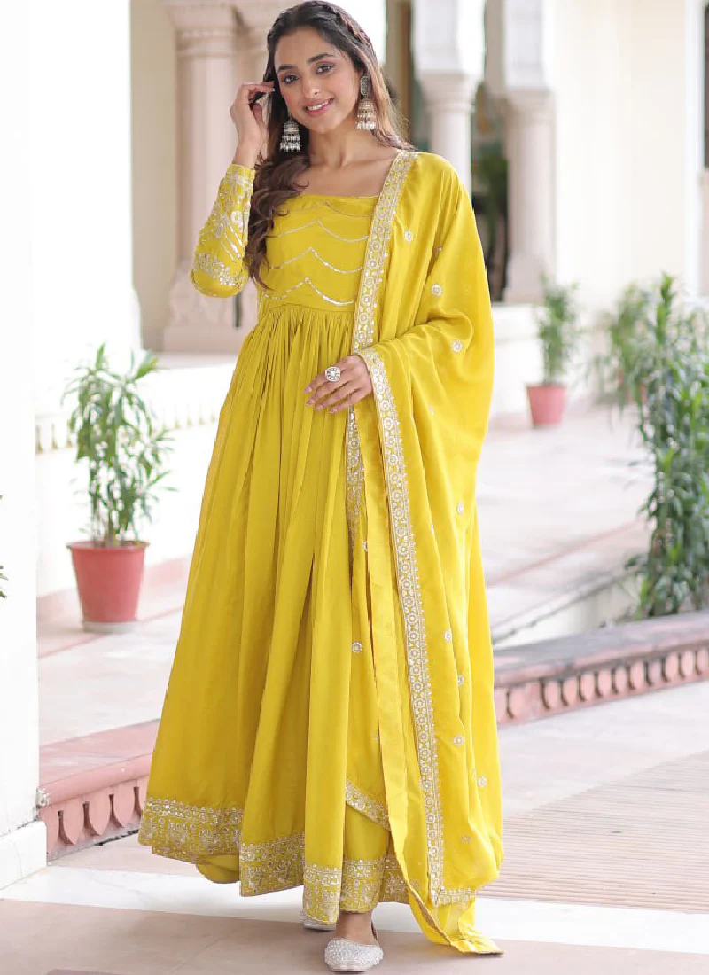 Sequence Work Vichitra Silk Haldi Wear Yellow Anarkali Long Gown - Image 6