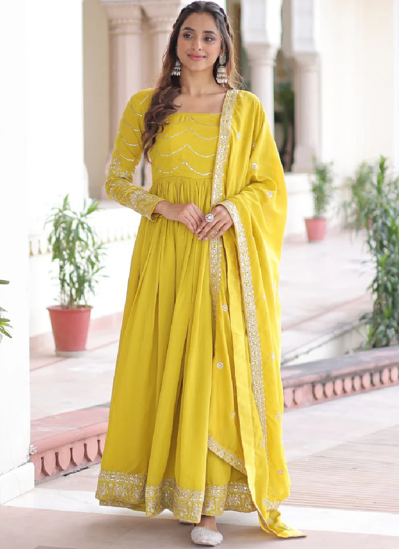 Sequence Work Vichitra Silk Haldi Wear Yellow Anarkali Long Gown - Image 7