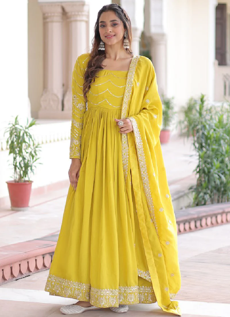 Sequence Work Vichitra Silk Haldi Wear Yellow Anarkali Long Gown - Image 8