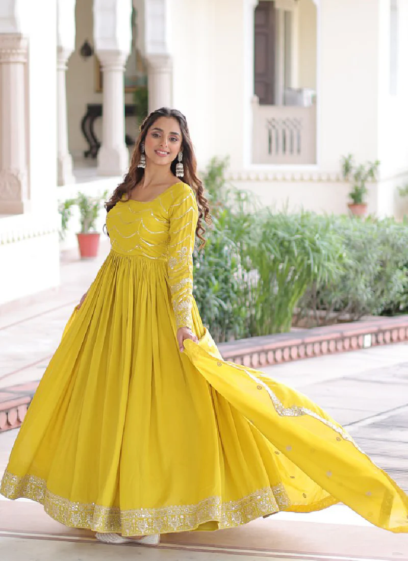 Sequence Work Vichitra Silk Haldi Wear Yellow Anarkali Long Gown - Image 9