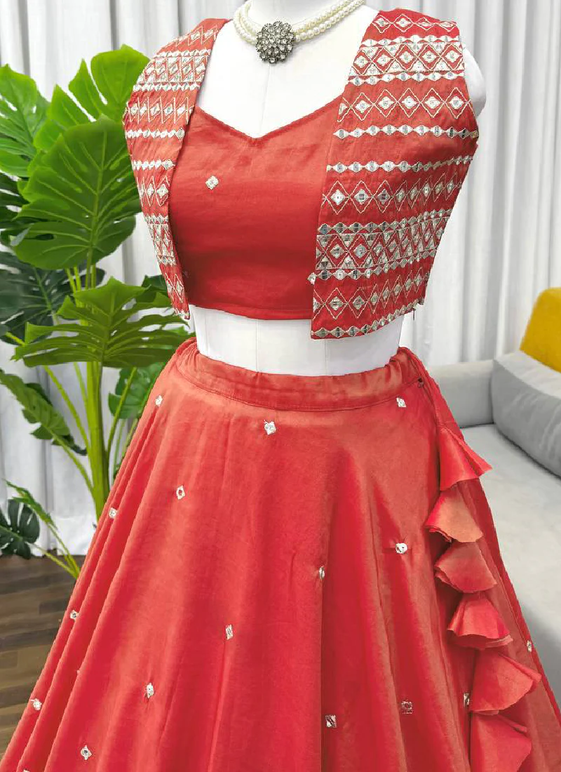 Shimmer Silk Orange Color Thread Embroidered Party Wear Crop Top - Image 10