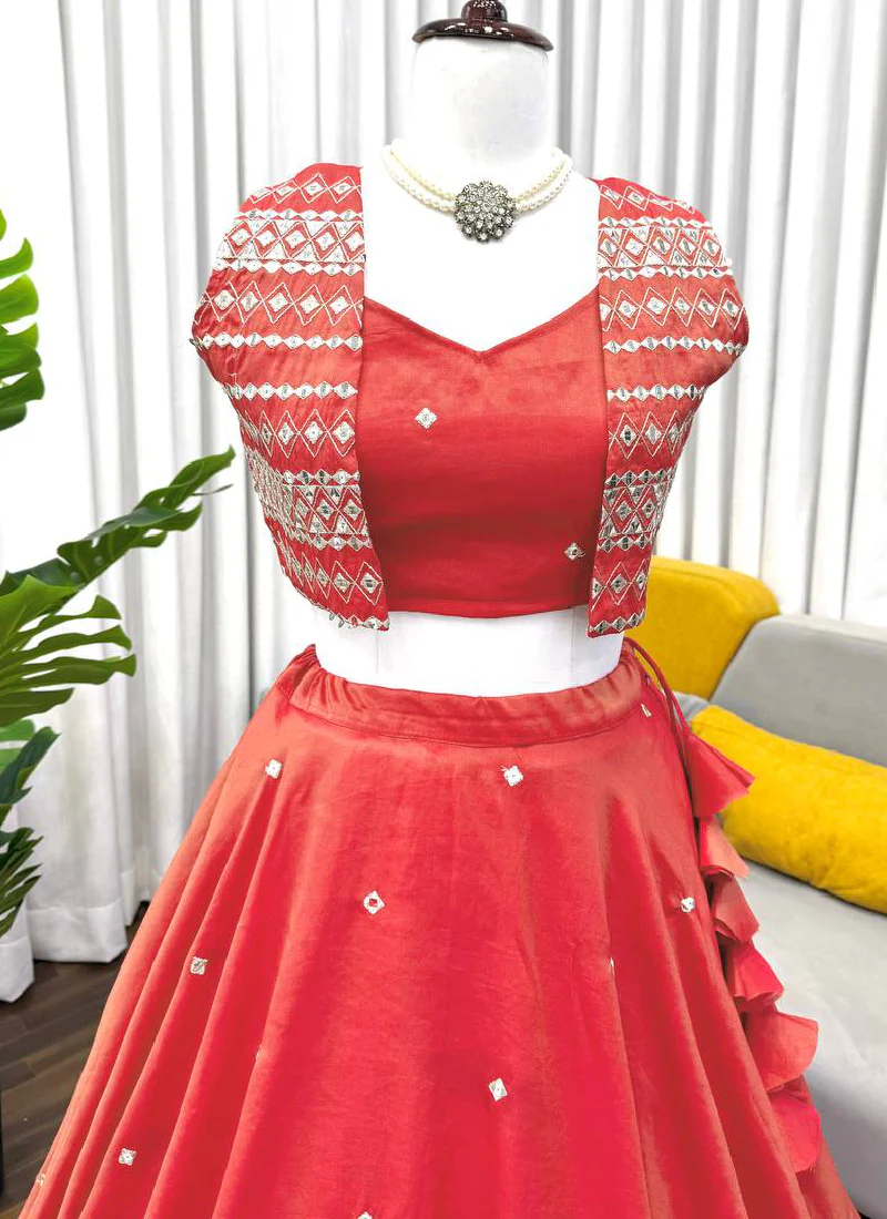 Shimmer Silk Orange Color Thread Embroidered Party Wear Crop Top - Image 9