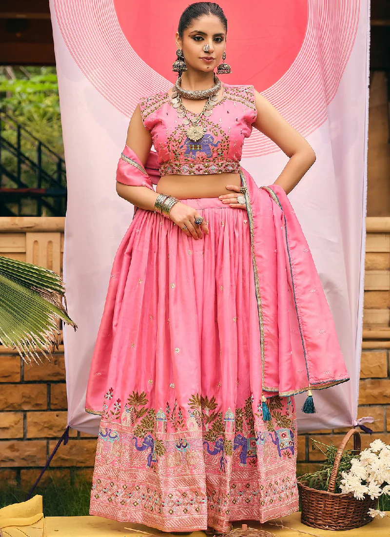 Shimmer Silk Thread Embroidered Wedding Wear Pink Lehenga Choli