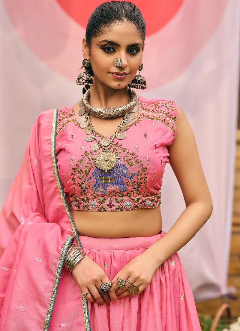 Shimmer Silk Thread Embroidered Wedding Wear Pink Lehenga Choli - Image 2