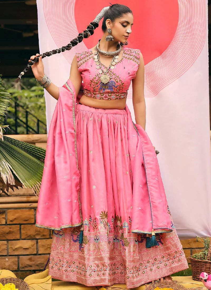 Shimmer Silk Thread Embroidered Wedding Wear Pink Lehenga Choli - Image 3