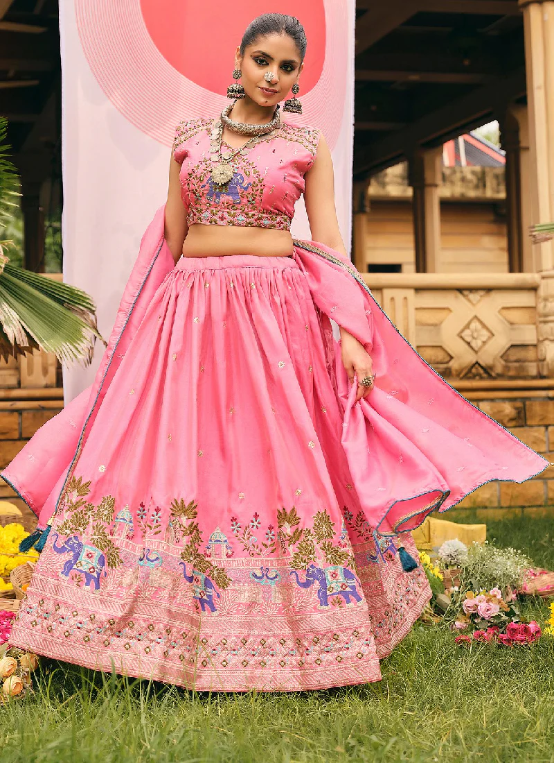 Shimmer Silk Thread Embroidered Wedding Wear Pink Lehenga Choli - Image 4