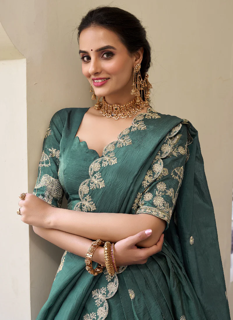 Silk Material Thread Embroidered Green Lehenga Choli For Mehndi - Image 2
