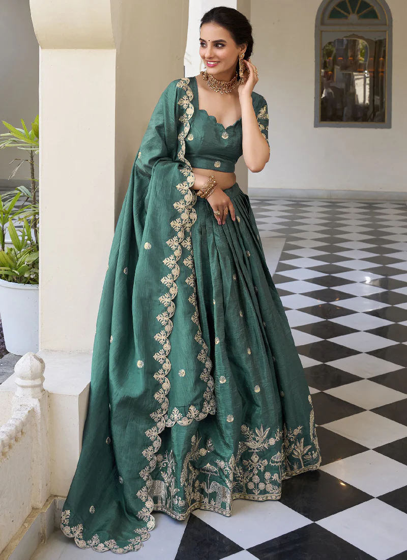 Silk Material Thread Embroidered Green Lehenga Choli For Mehndi - Image 3