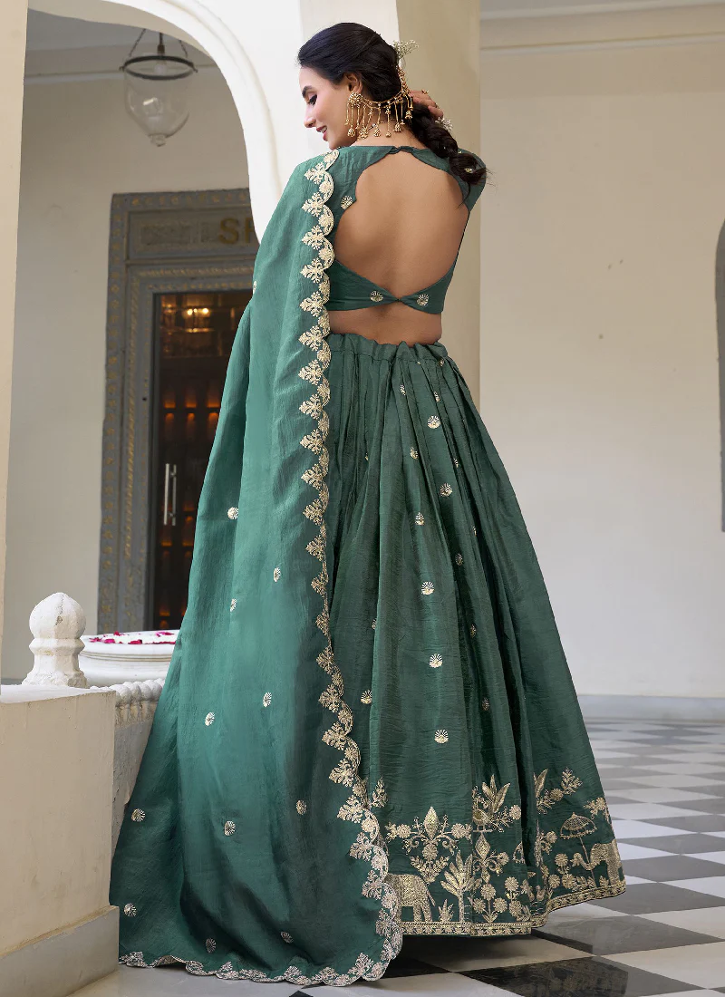 Silk Material Thread Embroidered Green Lehenga Choli For Mehndi - Image 4