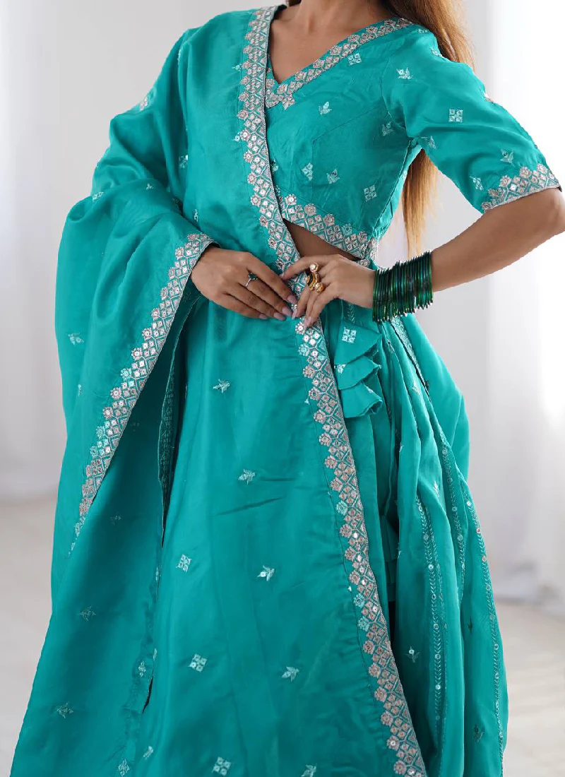Silk Sequence Embroidery Rama Green Lehenga Choli With Dupatta - Image 2