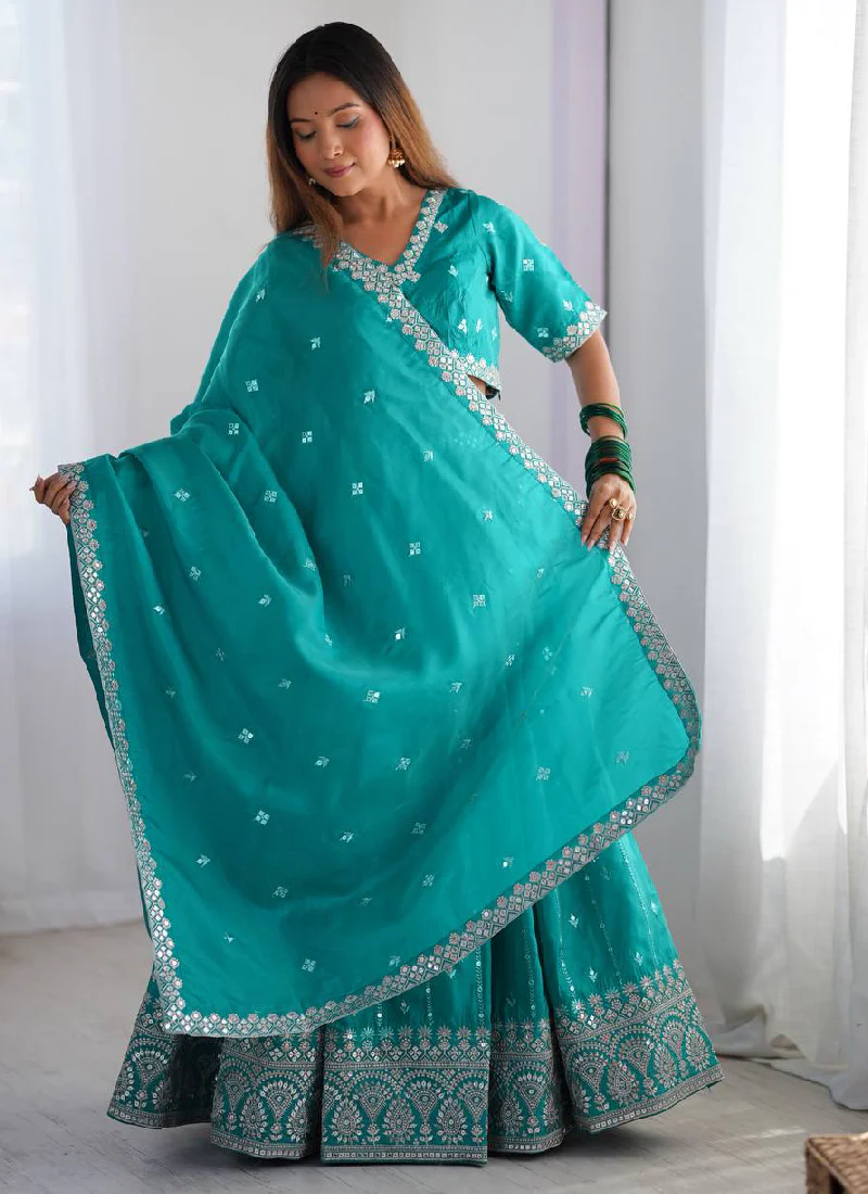 Silk Sequence Embroidery Rama Green Lehenga Choli With Dupatta - Image 3