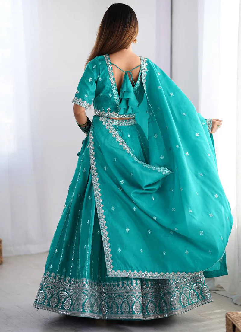 Silk Sequence Embroidery Rama Green Lehenga Choli With Dupatta - Image 5
