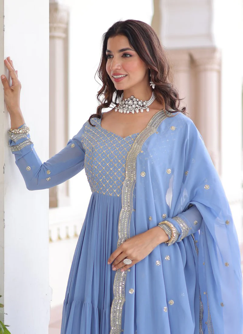 Sky Blue Faux Georgette Sequence Embroidered Three Layer Frill Gown - Image 3