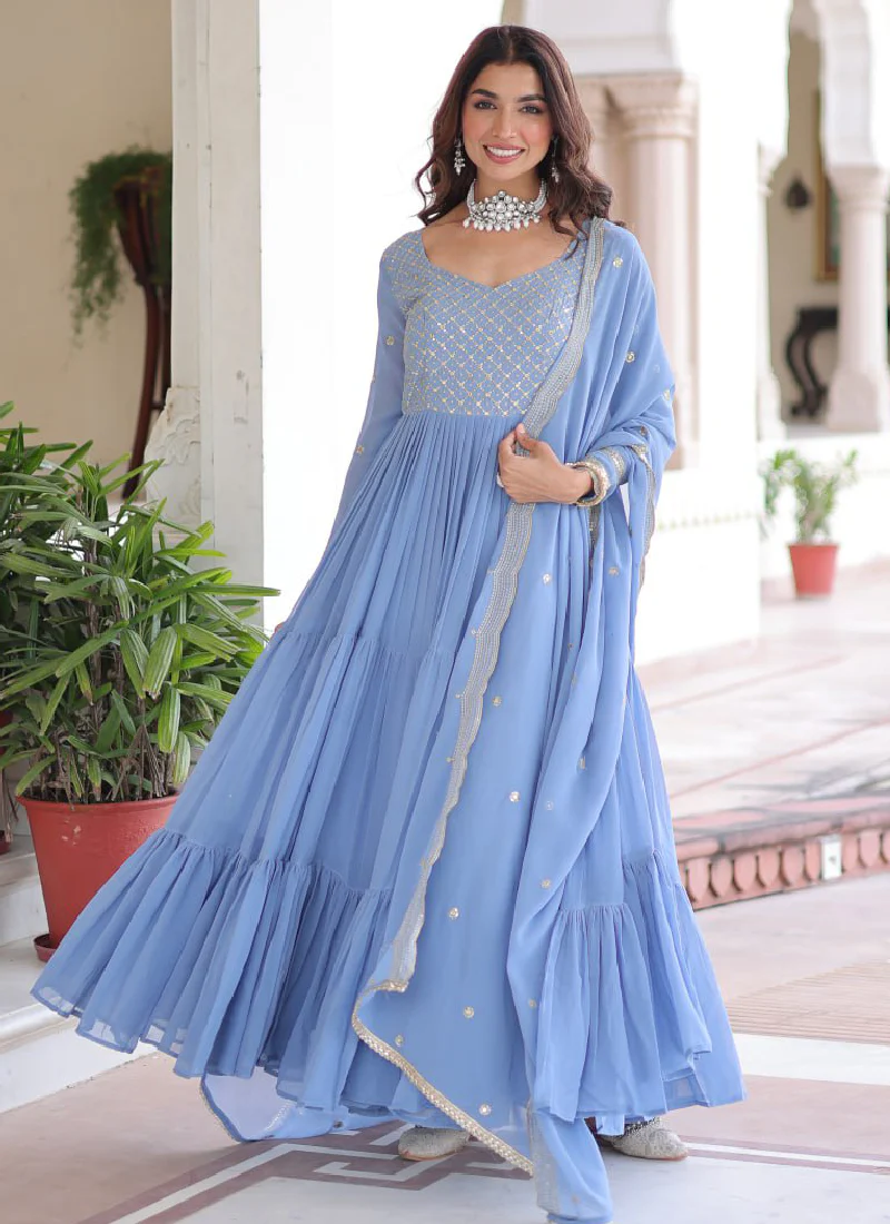 Sky Blue Faux Georgette Sequence Embroidered Three Layer Frill Gown - Image 4
