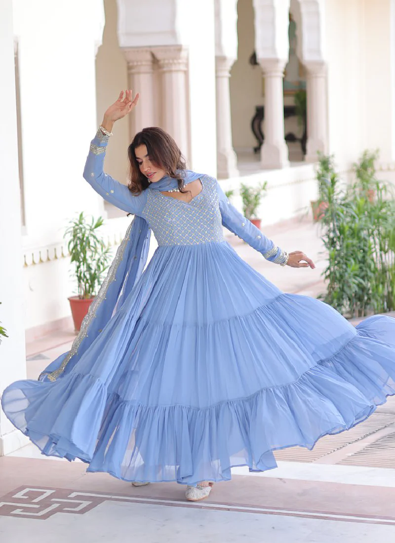 Sky Blue Faux Georgette Sequence Embroidered Three Layer Frill Gown - Image 6