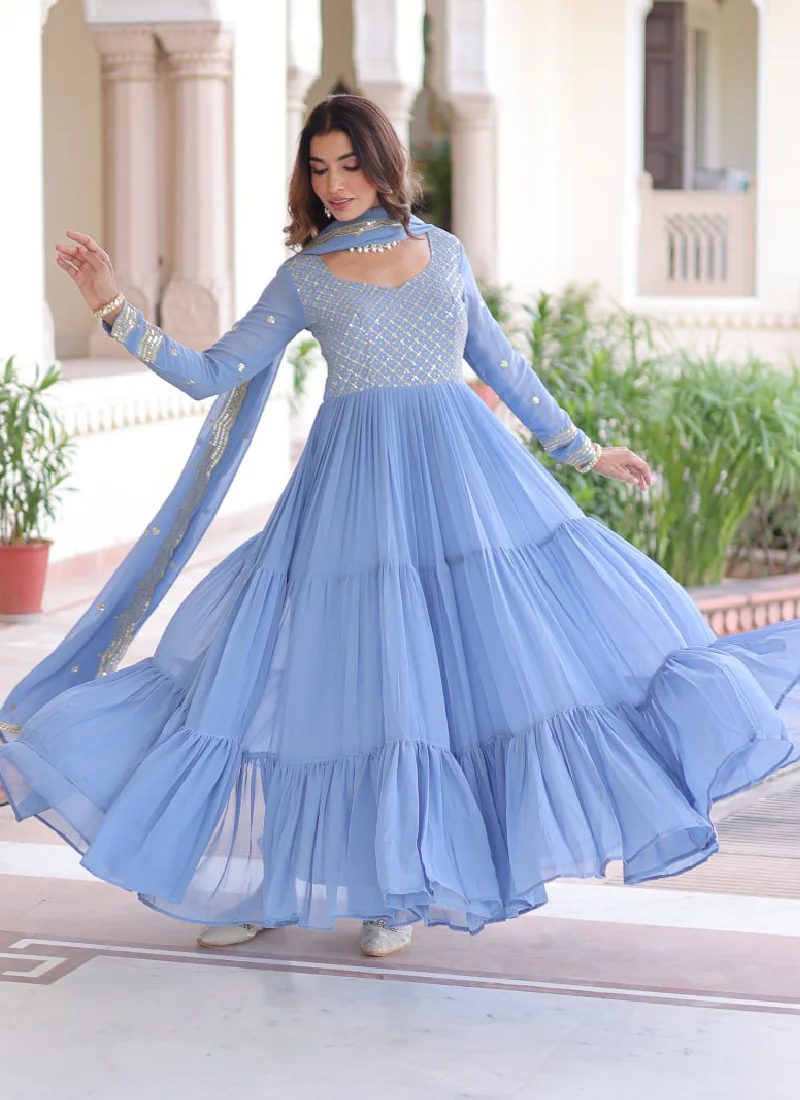 Sky Blue Faux Georgette Sequence Embroidered Three Layer Frill Gown - Image 7
