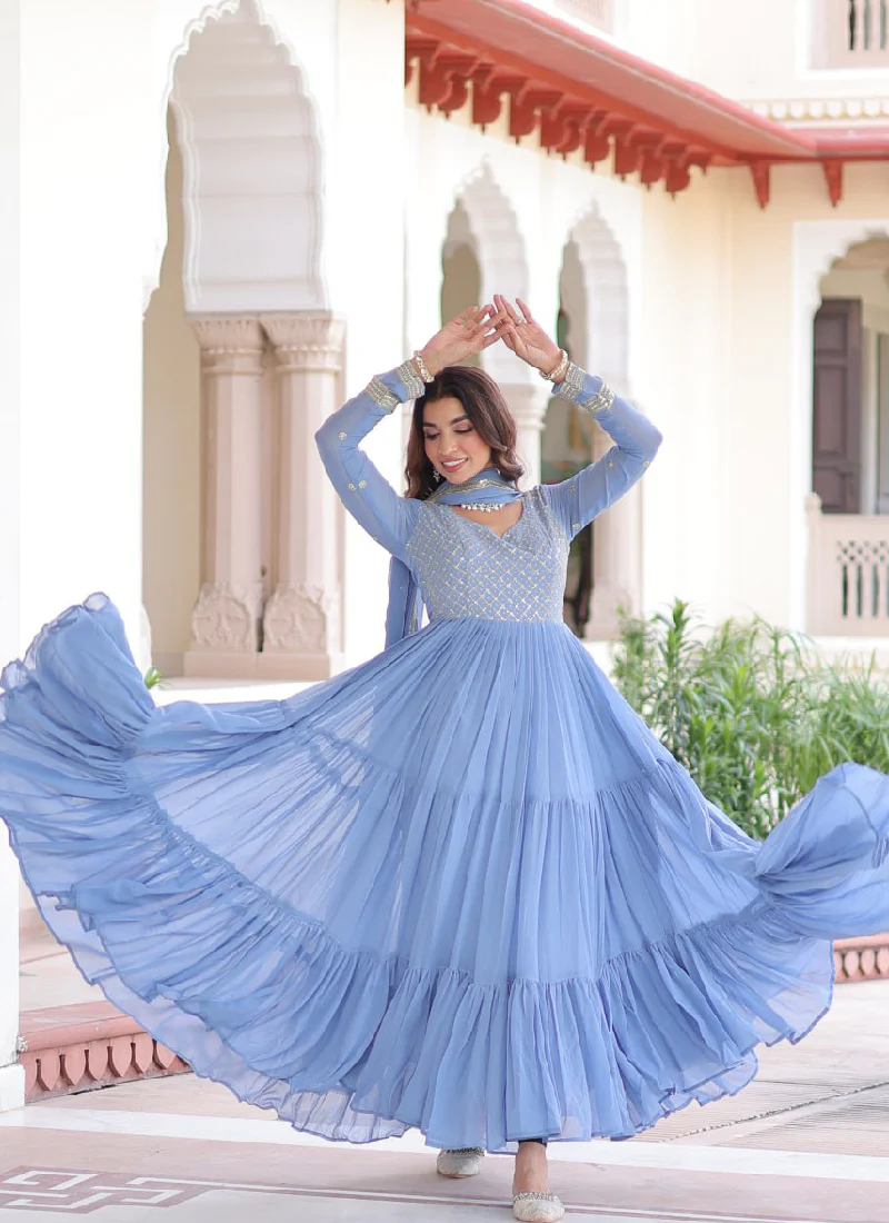 Sky Blue Faux Georgette Sequence Embroidered Three Layer Frill Gown - Image 8