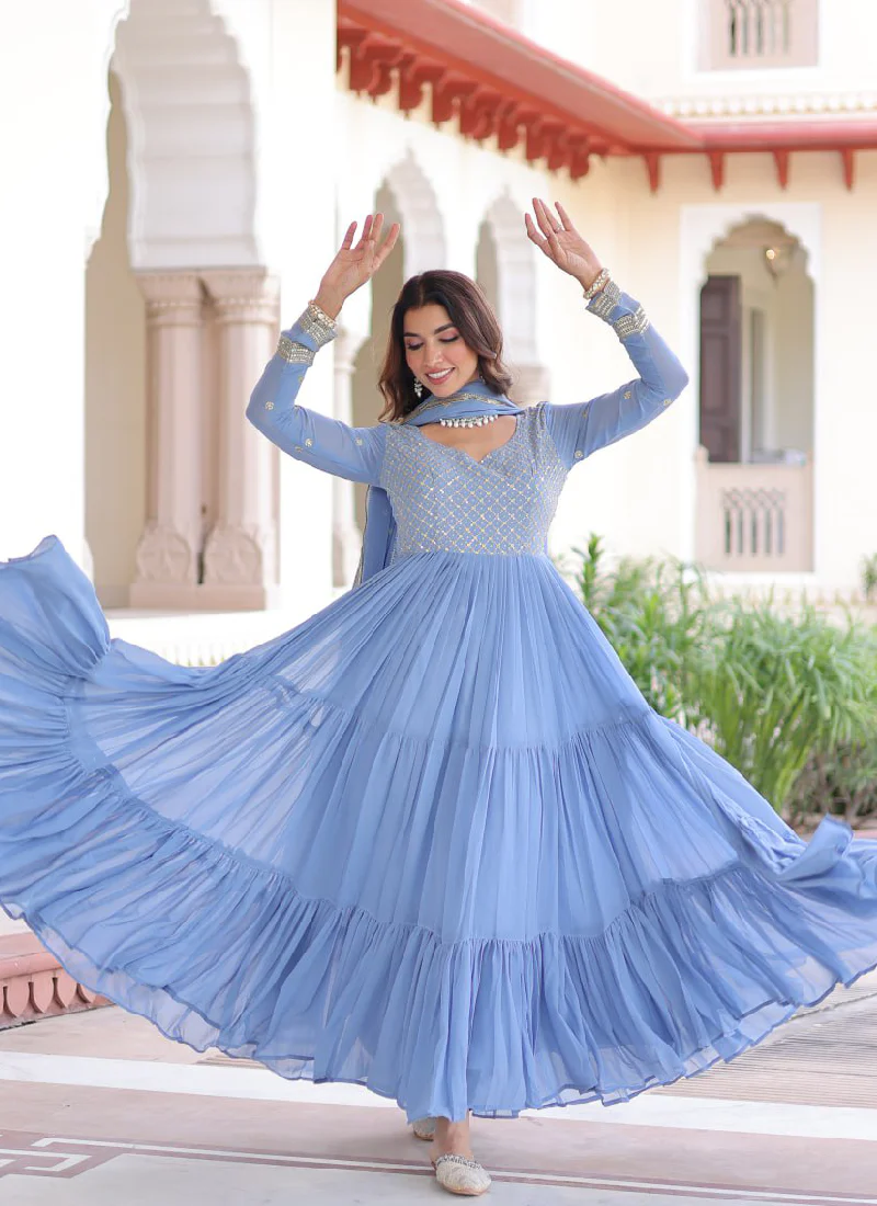 Sky Blue Faux Georgette Sequence Embroidered Three Layer Frill Gown - Image 9