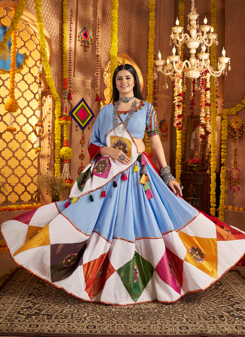 Sky Blue Mirror Work Viscose Cotton Navratri Special Lehenga Choli Set - Image 3