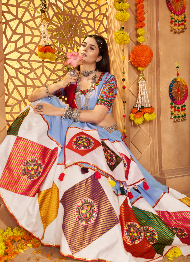Sky Blue Mirror Work Viscose Cotton Navratri Special Lehenga Choli Set - Image 4