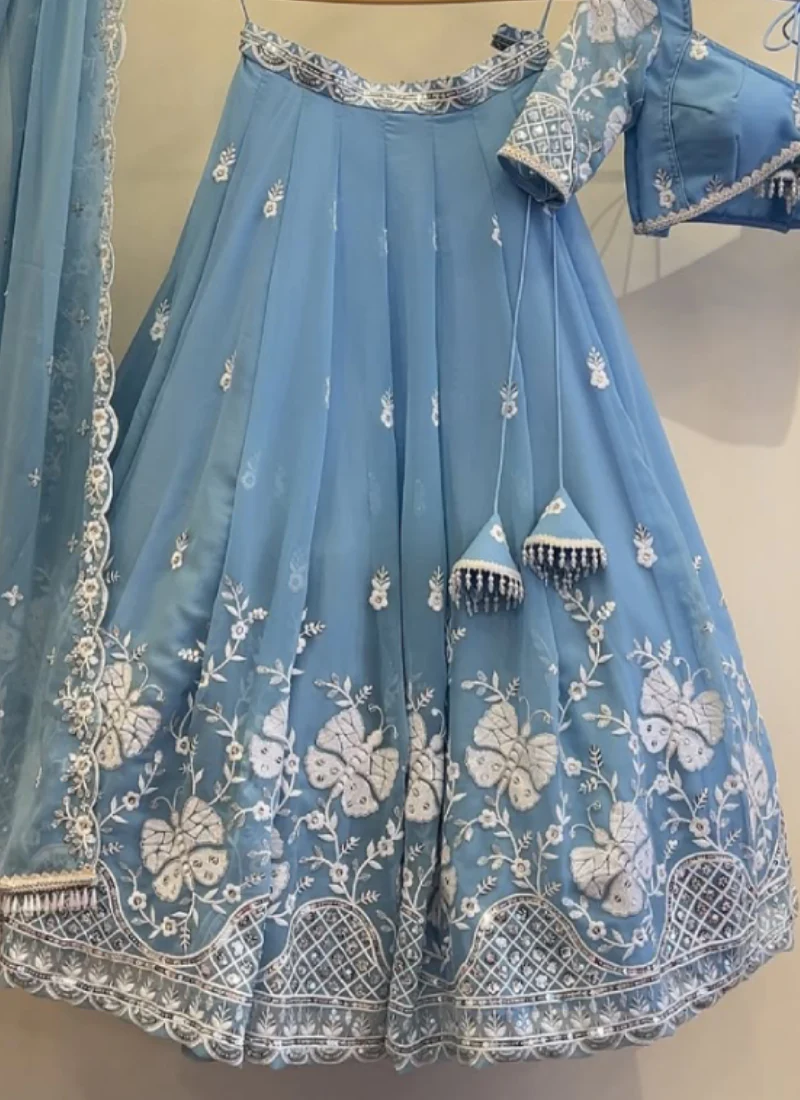 Sky Blue Thread Embroidered Georgette Lehenga Choli For Wedding - Image 2