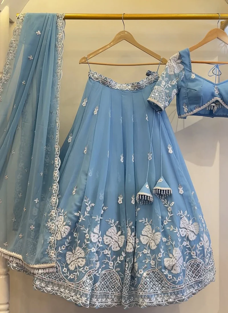 Sky Blue Thread Embroidered Georgette Lehenga Choli For Wedding - Image 3