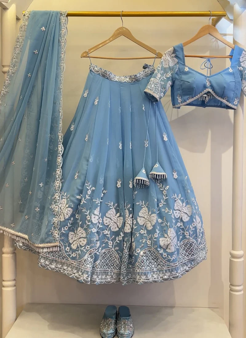 Sky Blue Thread Embroidered Georgette Lehenga Choli For Wedding - Image 4