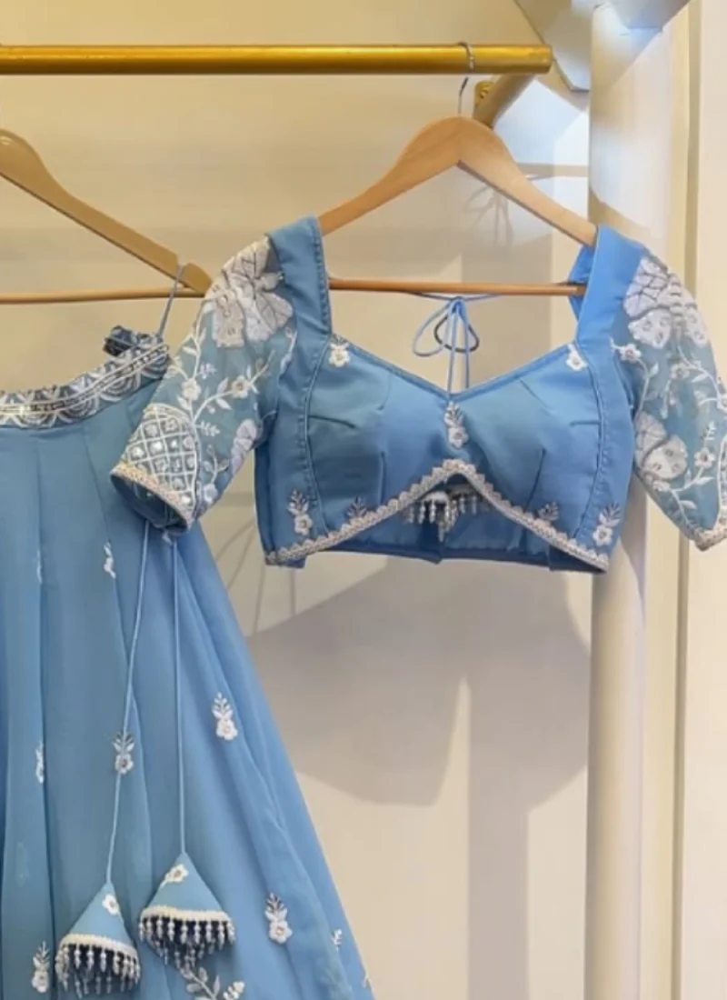 Sky Blue Thread Embroidered Georgette Lehenga Choli For Wedding - Image 5
