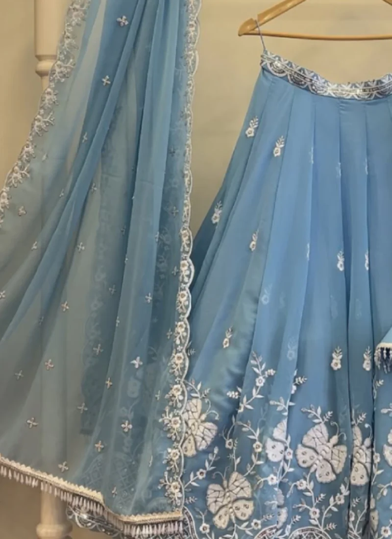 Sky Blue Thread Embroidered Georgette Lehenga Choli For Wedding - Image 6