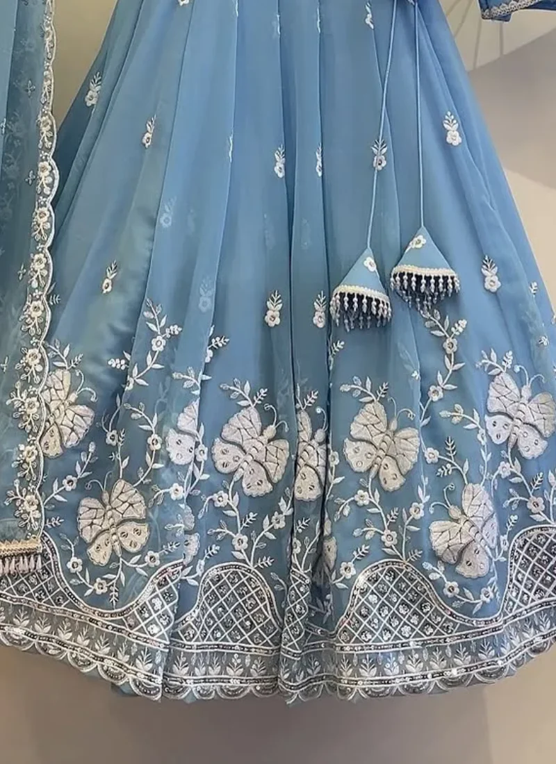 Sky Blue Thread Embroidered Georgette Lehenga Choli For Wedding - Image 7