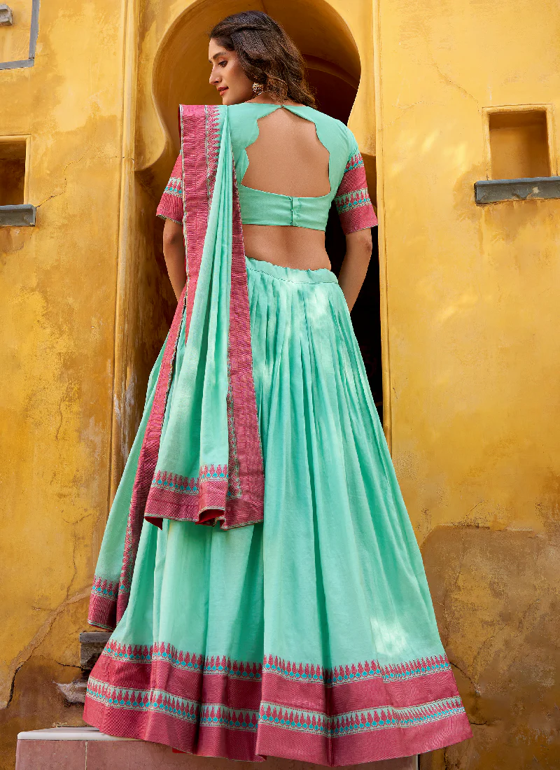 Sky Blue Thread Embroidered Pure Chanderi Women's Lehenga Choli Sets - Image 5