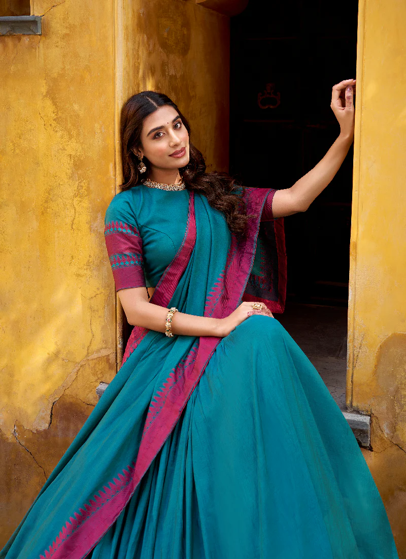South Indian Style Thread Work Chanderi Silk Teal Half Saree Lehenga - Image 2
