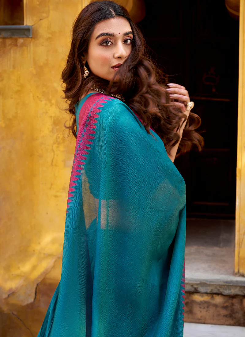 South Indian Style Thread Work Chanderi Silk Teal Half Saree Lehenga - Image 3