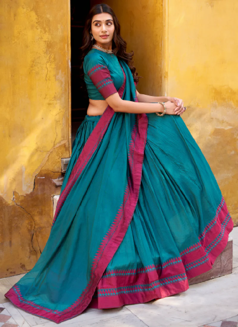 South Indian Style Thread Work Chanderi Silk Teal Half Saree Lehenga - Image 4