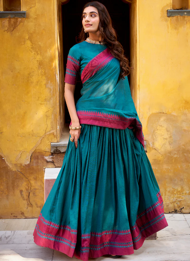 South Indian Style Thread Work Chanderi Silk Teal Half Saree Lehenga - Image 5