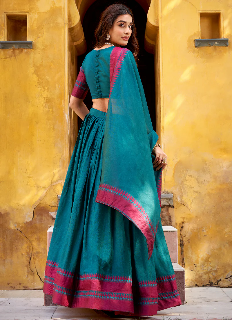 South Indian Style Thread Work Chanderi Silk Teal Half Saree Lehenga - Image 6