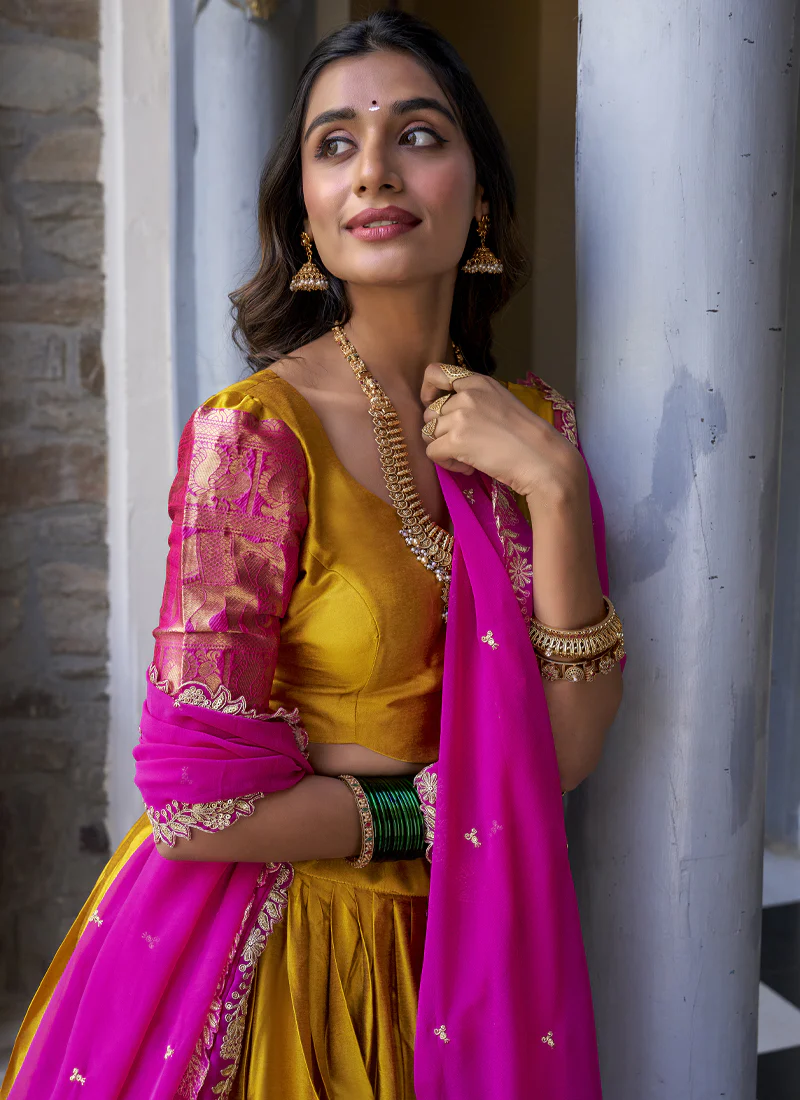 South Indian Style Zari Work Yellow And Pink Silk Half Saree Lehenga - Image 2