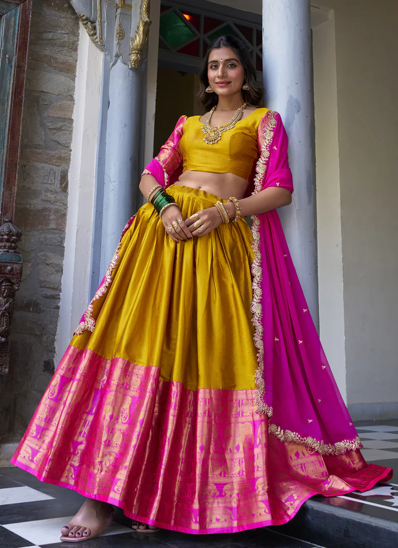 South Indian Style Zari Work Yellow And Pink Silk Half Saree Lehenga - Image 4