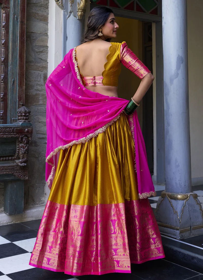 South Indian Style Zari Work Yellow And Pink Silk Half Saree Lehenga - Image 5