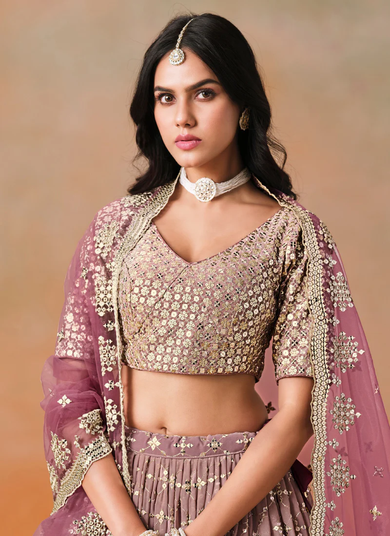 Spectacular Maroon Embroidered Georgette Traditional Lehenga Choli - Image 2