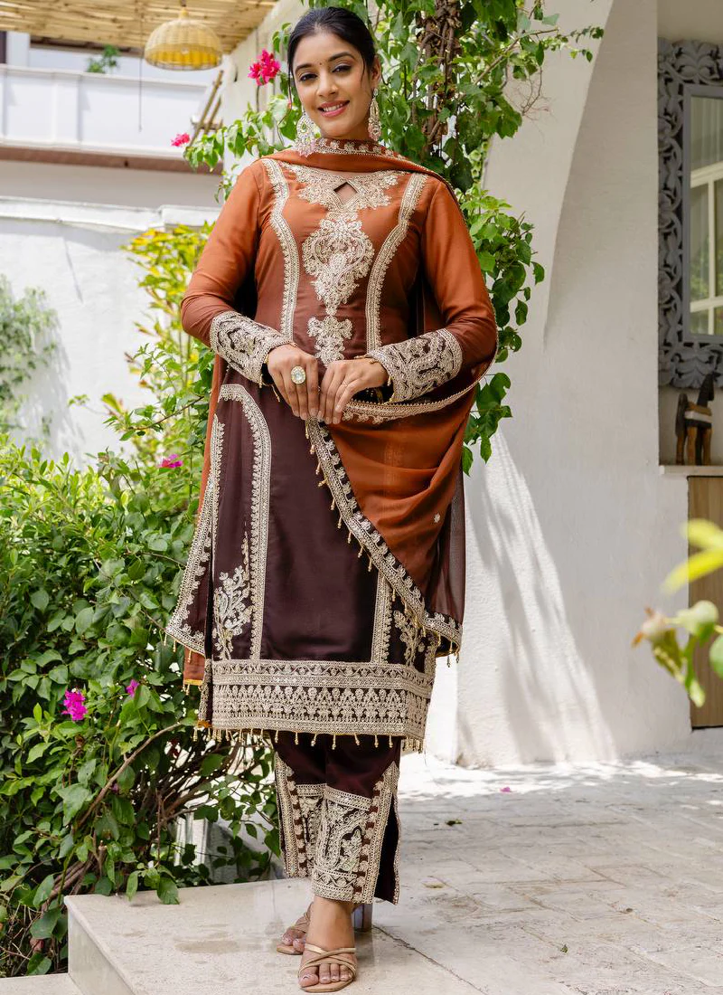Spectacular Sequence Coding Work Coffee Georgette Salwar Suit - Image 3