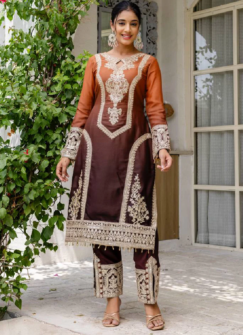 Spectacular Sequence Coding Work Coffee Georgette Salwar Suit - Image 4