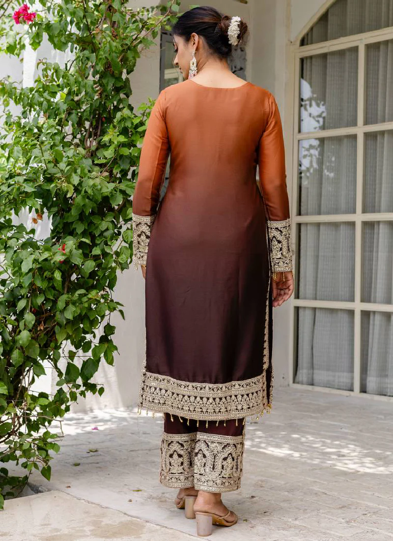 Spectacular Sequence Coding Work Coffee Georgette Salwar Suit - Image 5
