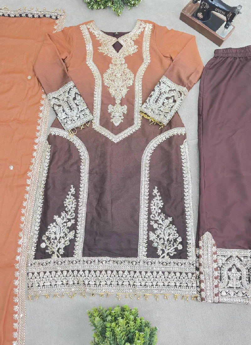 Spectacular Sequence Coding Work Coffee Georgette Salwar Suit - Image 7
