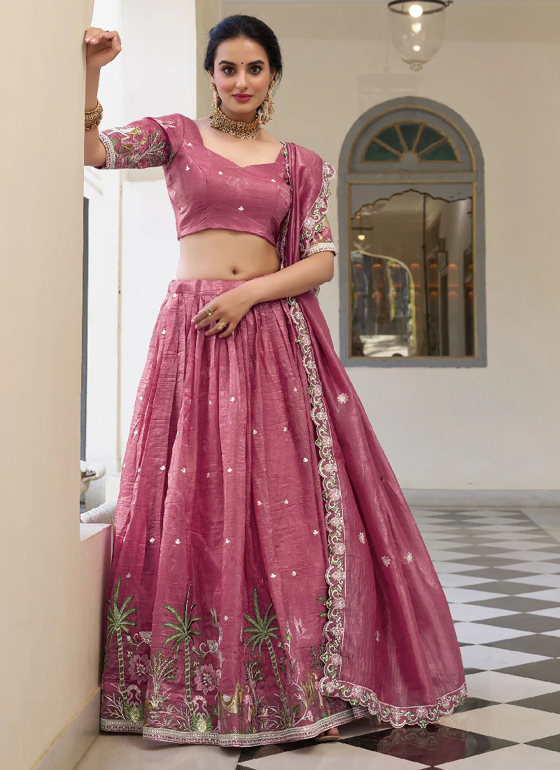 Spectacular Sequence Embroidered Silk Pink Lehenga Choli For Wedding - Image 3