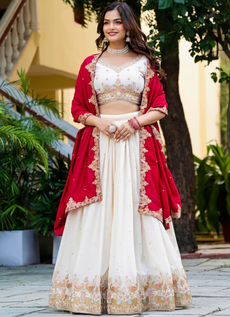 Spectacular Silk Sequence Embroidery Work Beige Lehenga Choli Set - Image 4